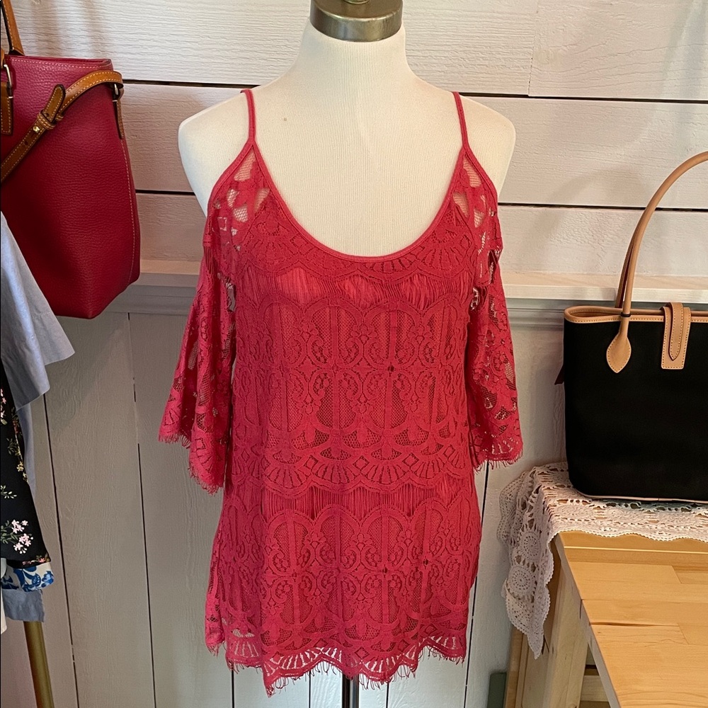 Elegant Lace Cold Shoulder Top - Pink tunic or micro dress